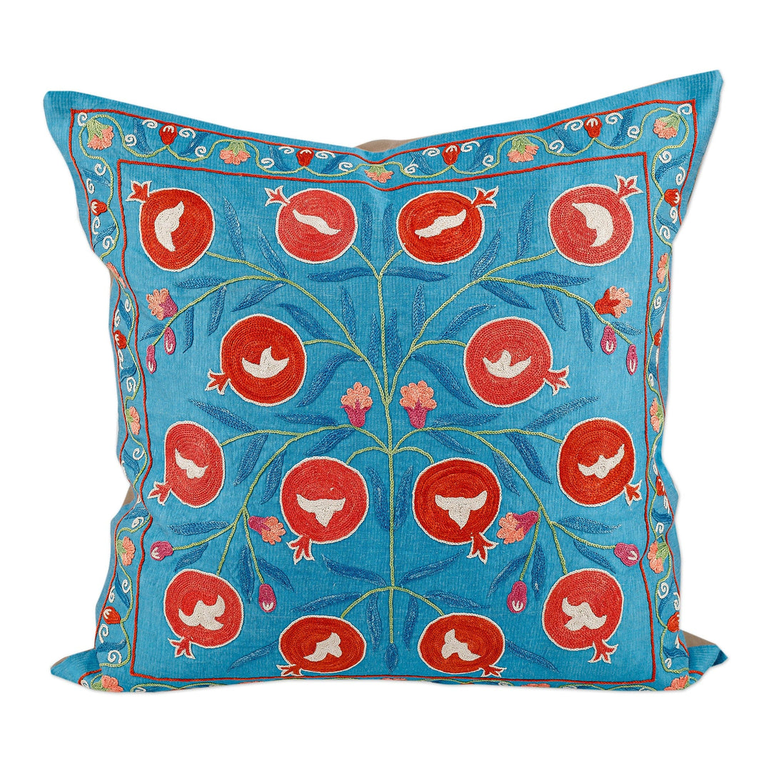 Pomegranate and Leaf-Themed Blue Silk Cushion Cover - Prosperity in Eden