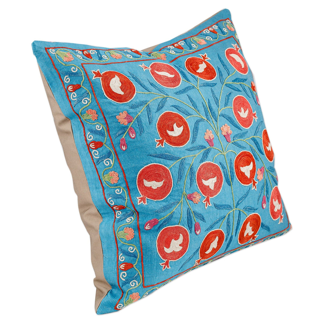 Pomegranate and Leaf-Themed Blue Silk Cushion Cover - Prosperity in Eden