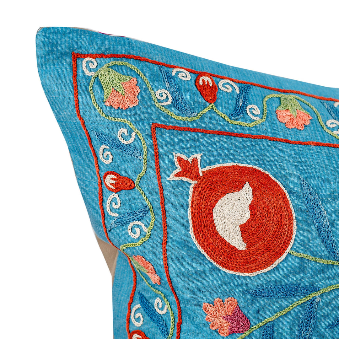 Pomegranate and Leaf-Themed Blue Silk Cushion Cover - Prosperity in Eden