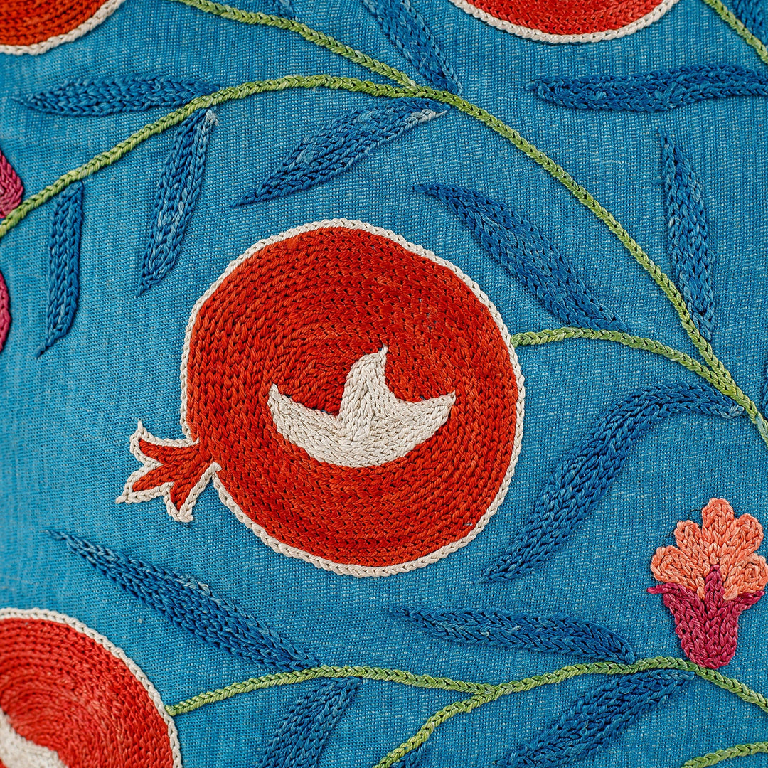 Pomegranate and Leaf-Themed Blue Silk Cushion Cover - Prosperity in Eden