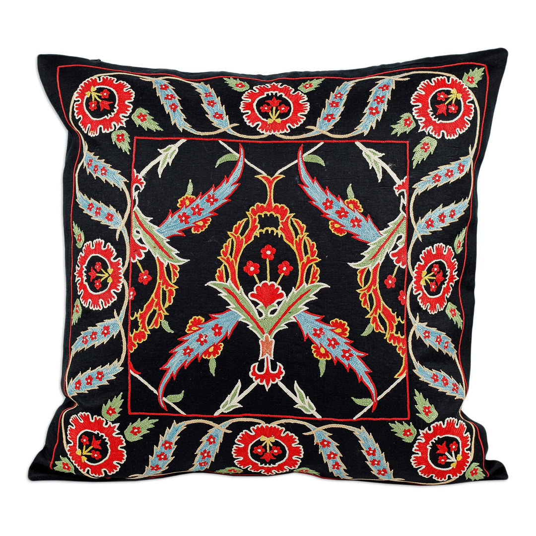 Classic Leafy Embroidered Black Silk Blend Cushion Cover - Arcadia Nights