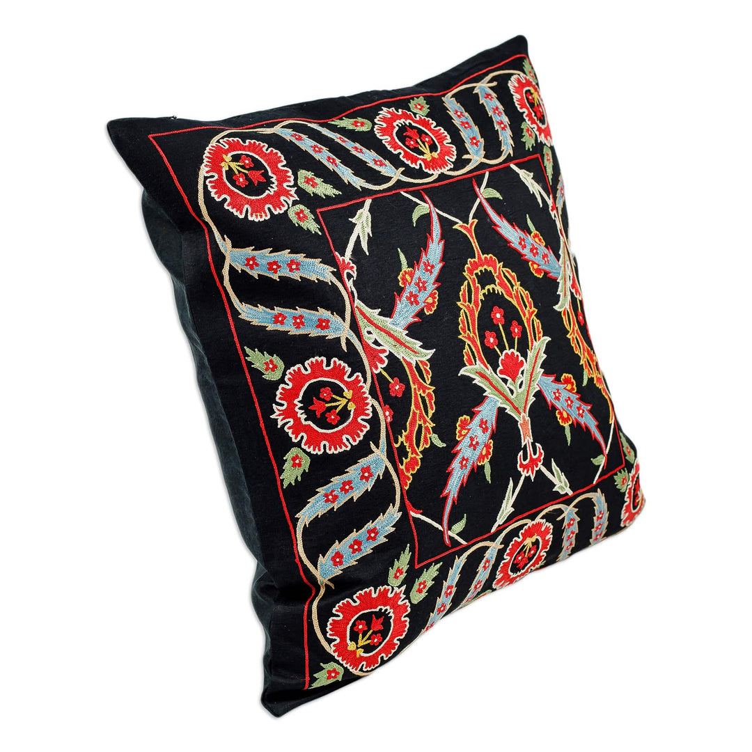 Classic Leafy Embroidered Black Silk Blend Cushion Cover - Arcadia Nights