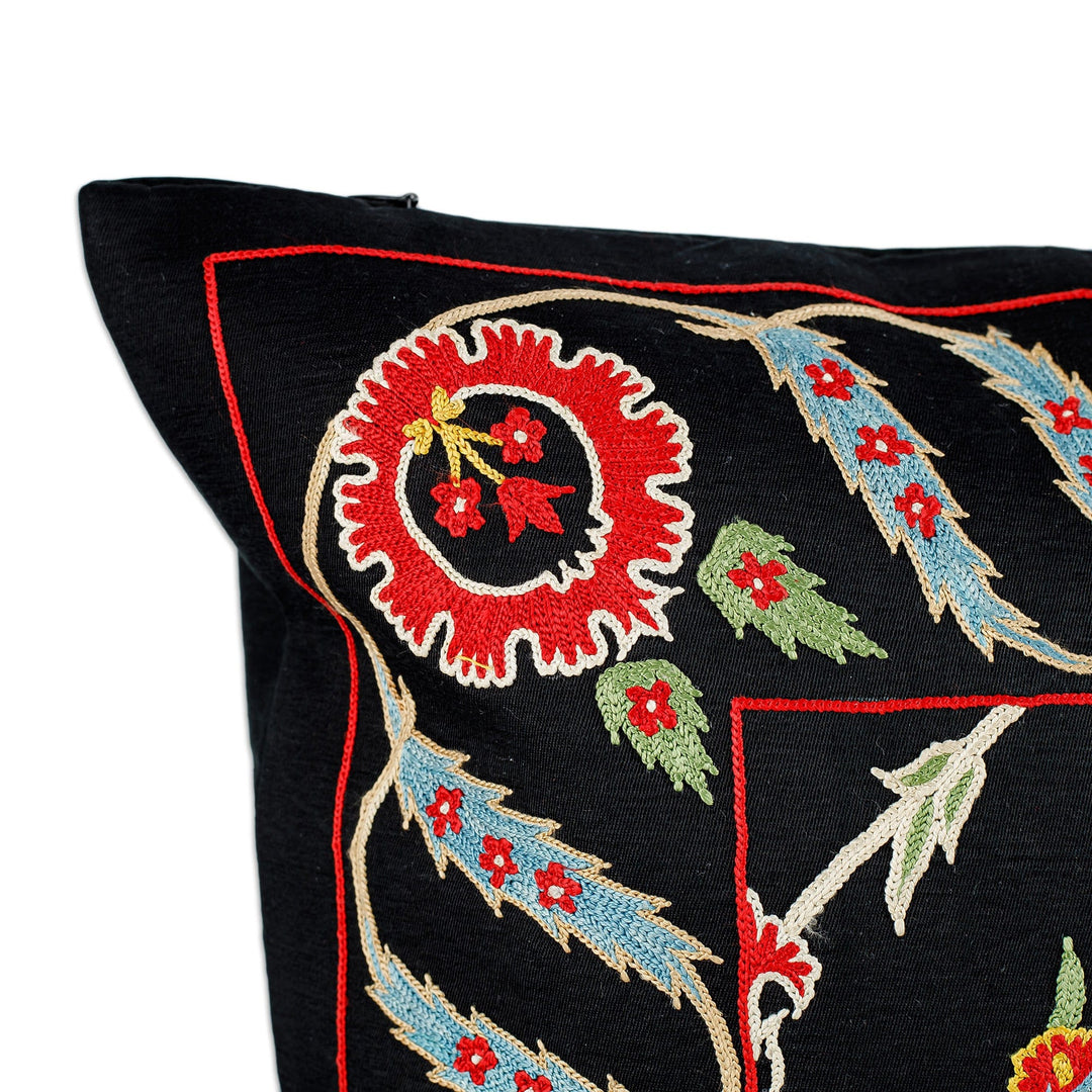 Classic Leafy Embroidered Black Silk Blend Cushion Cover - Arcadia Nights