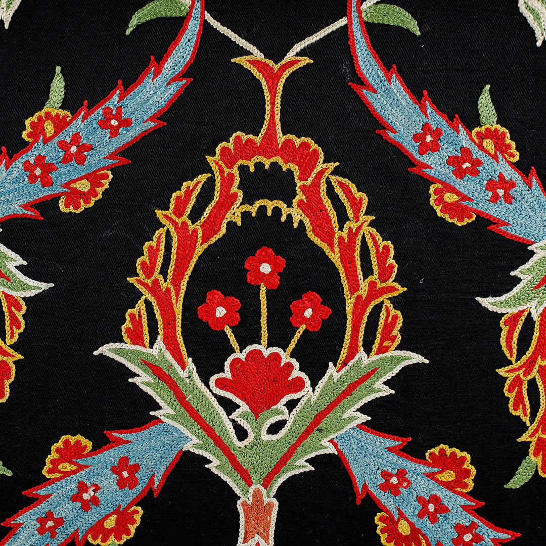 Classic Leafy Embroidered Black Silk Blend Cushion Cover - Arcadia Nights