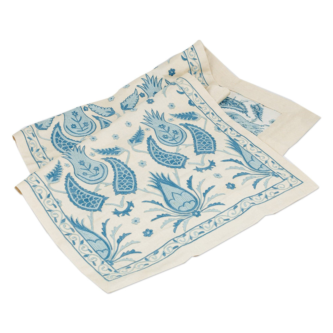 Suzani Embroidered Blue and Ivory Silk Blend Table Runner - Heavenly Reunions