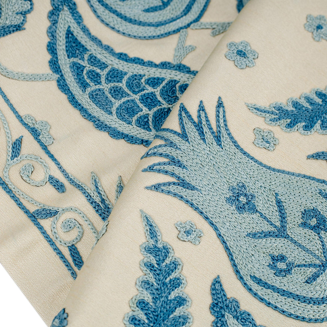 Suzani Embroidered Blue and Ivory Silk Blend Table Runner - Heavenly Reunions