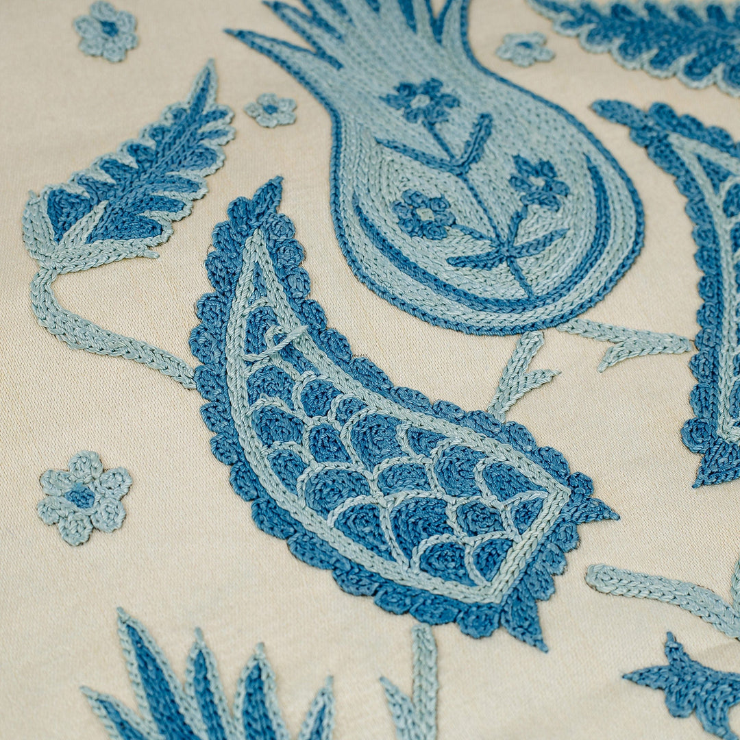 Suzani Embroidered Blue and Ivory Silk Blend Table Runner - Heavenly Reunions