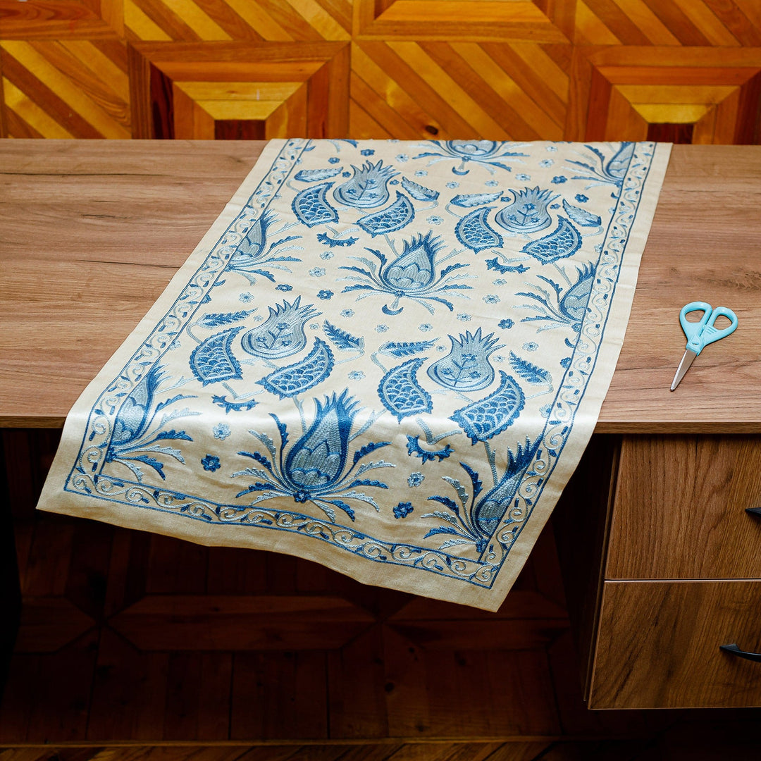 Suzani Embroidered Blue and Ivory Silk Blend Table Runner - Heavenly Reunions