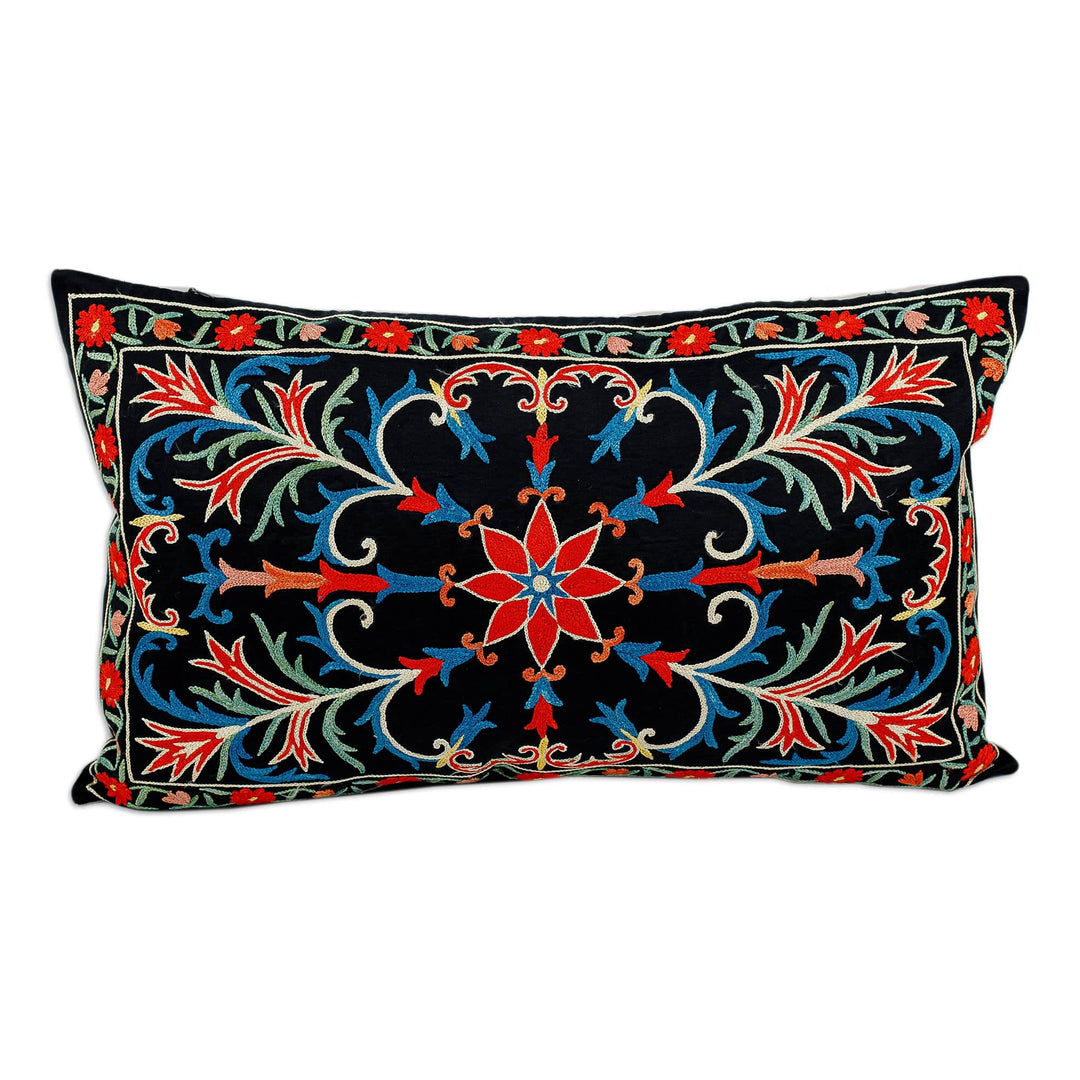Embroidered Floral Silk and Cotton Blend Cushion Cover - Glimpses of Majesty