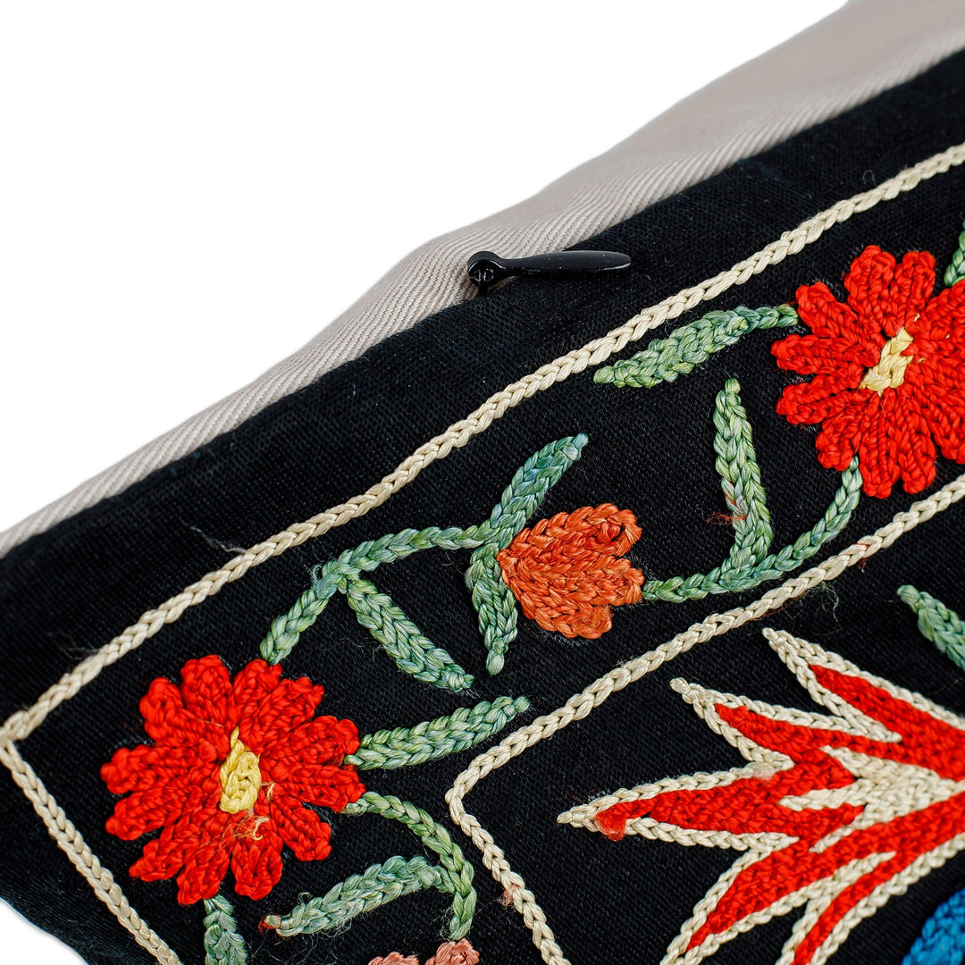 Embroidered Floral Silk and Cotton Blend Cushion Cover - Glimpses of Majesty