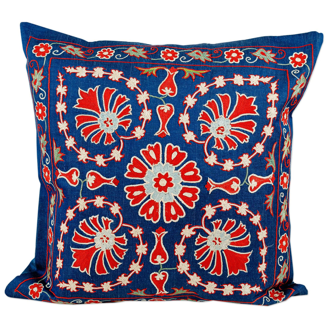 Classic Blue and Red Silk and Cotton Blend Cushion Cover - Regal Illusion