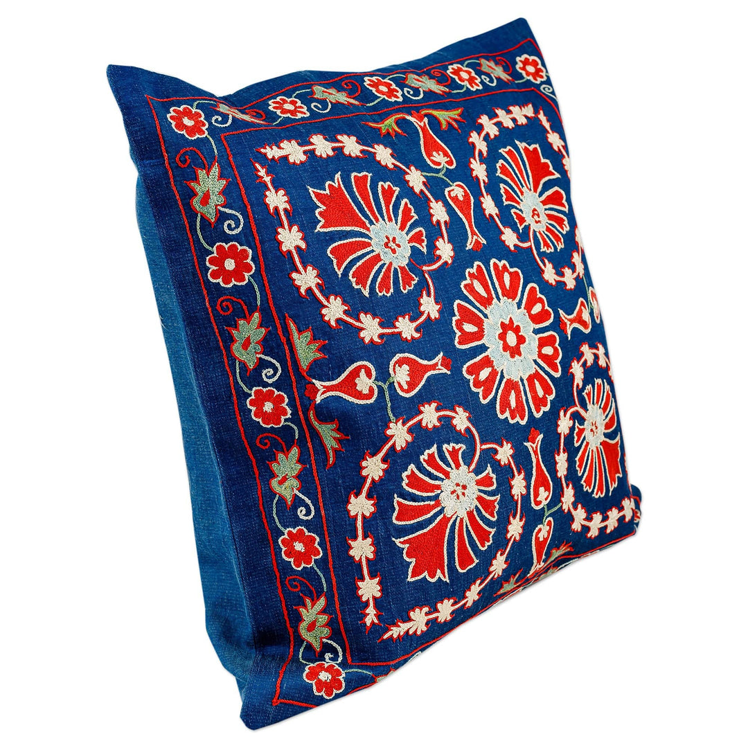 Classic Blue and Red Silk and Cotton Blend Cushion Cover - Regal Illusion
