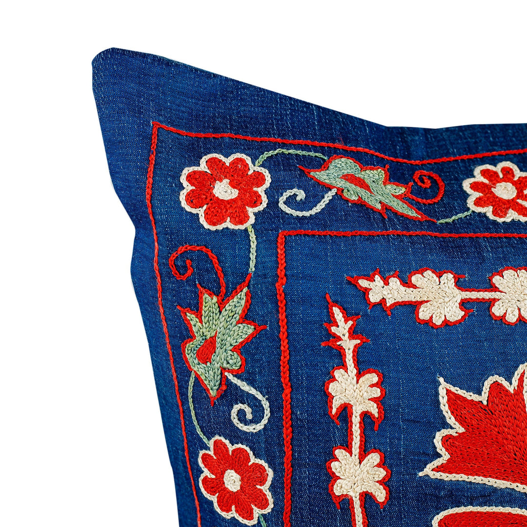 Classic Blue and Red Silk and Cotton Blend Cushion Cover - Regal Illusion