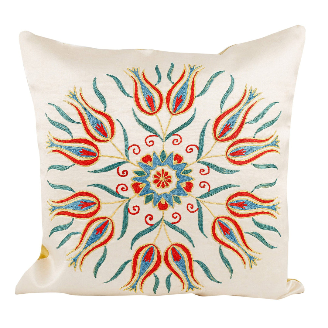 Tulip and Star-Themed Silk and Cotton Blend Cushion Cover - Tulip Firmament