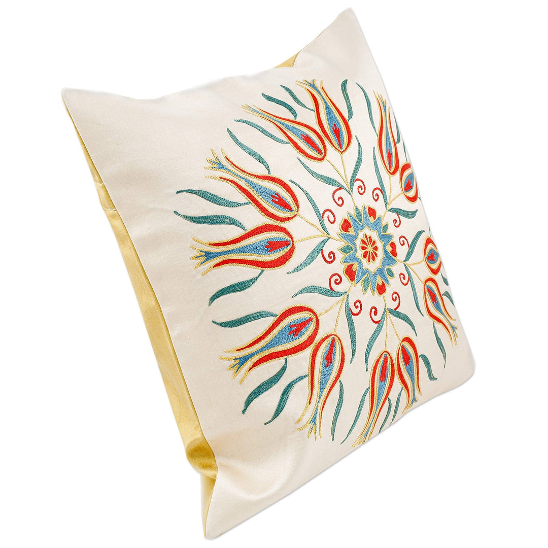 Tulip and Star-Themed Silk and Cotton Blend Cushion Cover - Tulip Firmament