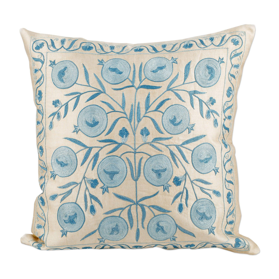 Pomegranate and Leaf-Themed Beige and Blue Cushion Cover - Prosperity in Heaven