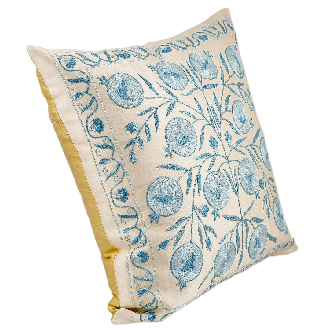 Pomegranate and Leaf-Themed Beige and Blue Cushion Cover - Prosperity in Heaven