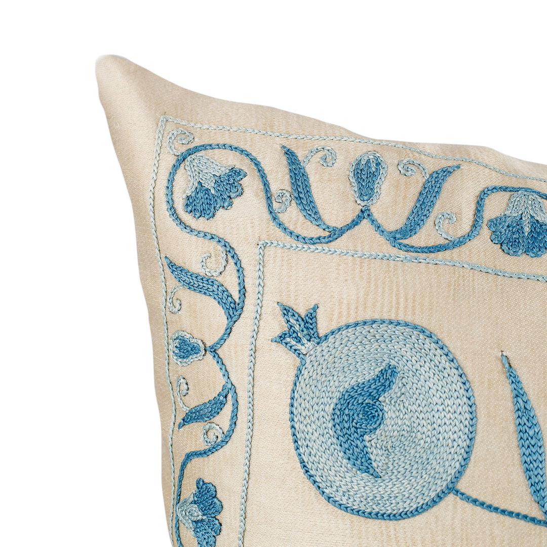 Pomegranate and Leaf-Themed Beige and Blue Cushion Cover - Prosperity in Heaven