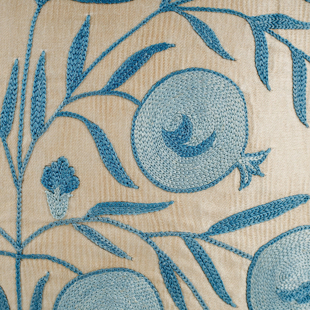 Pomegranate and Leaf-Themed Beige and Blue Cushion Cover - Prosperity in Heaven