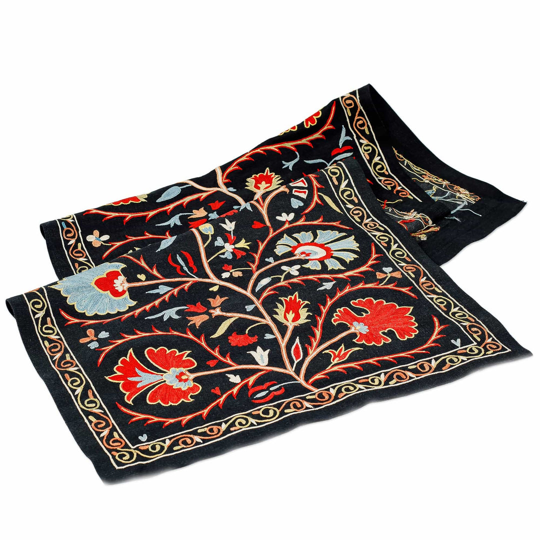 Floral Embroidered Black Silk and Cotton Blend Table Runner - Luxury Triumph