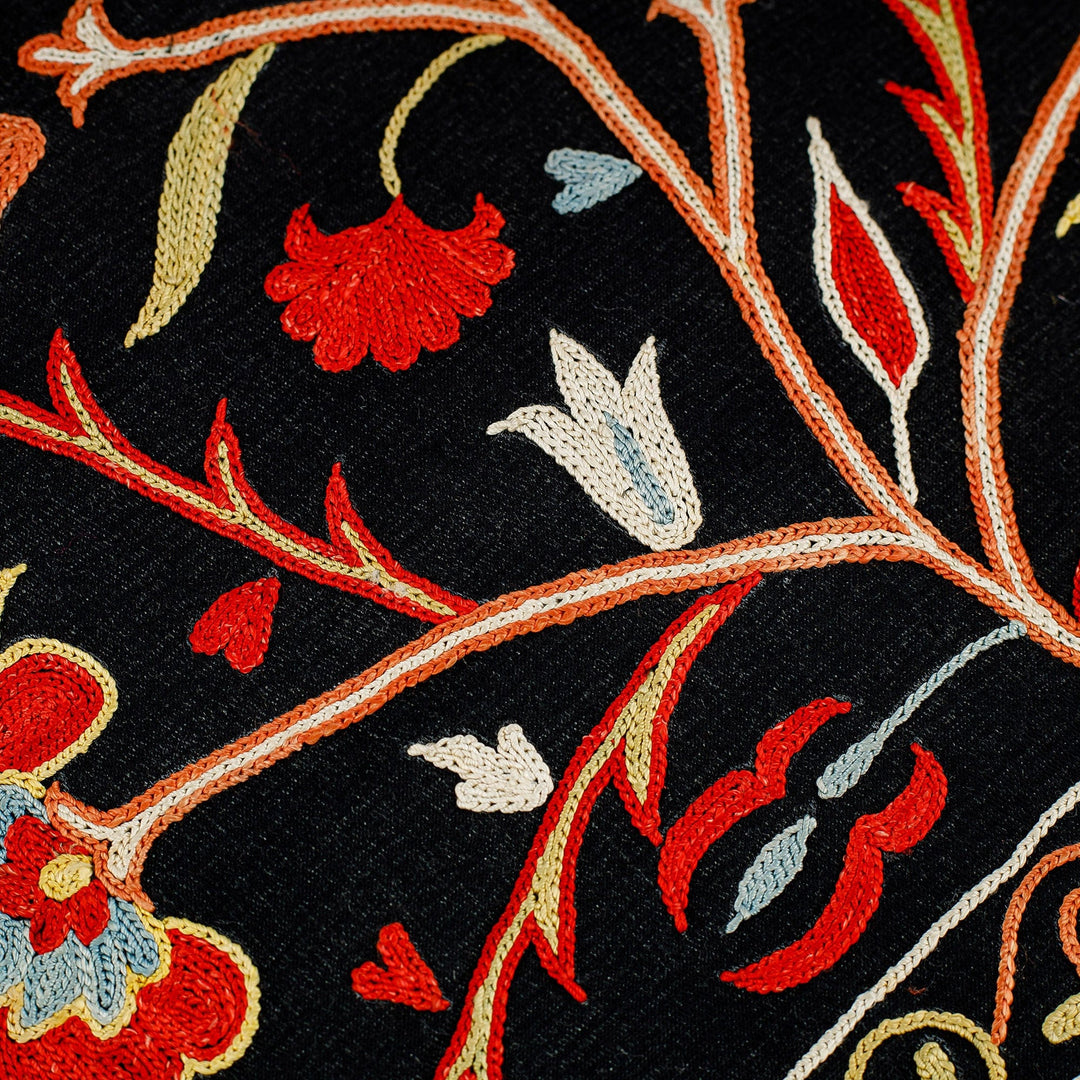 Floral Embroidered Black Silk and Cotton Blend Table Runner - Luxury Triumph