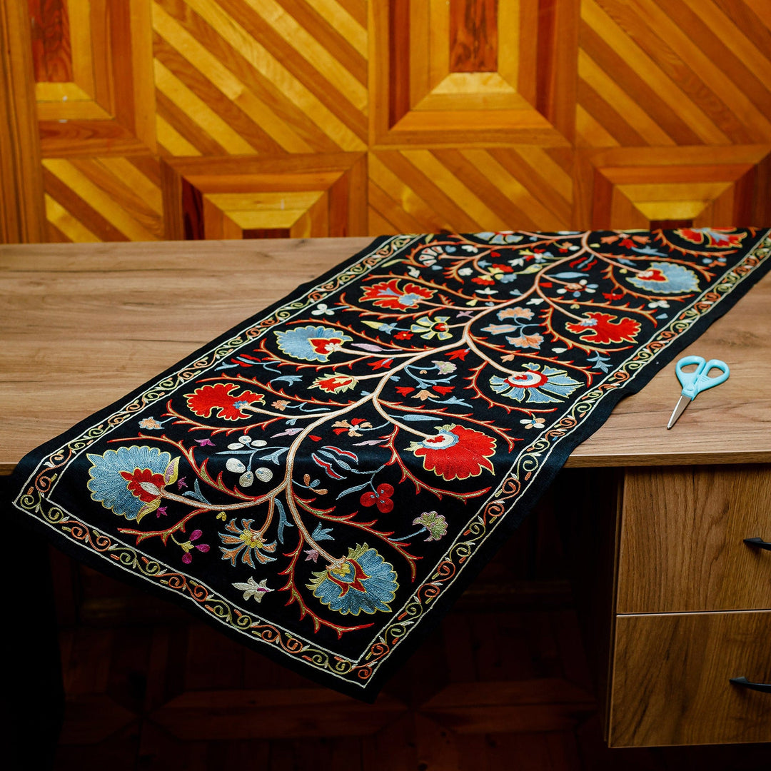 Floral Embroidered Black Silk and Cotton Blend Table Runner - Luxury Triumph