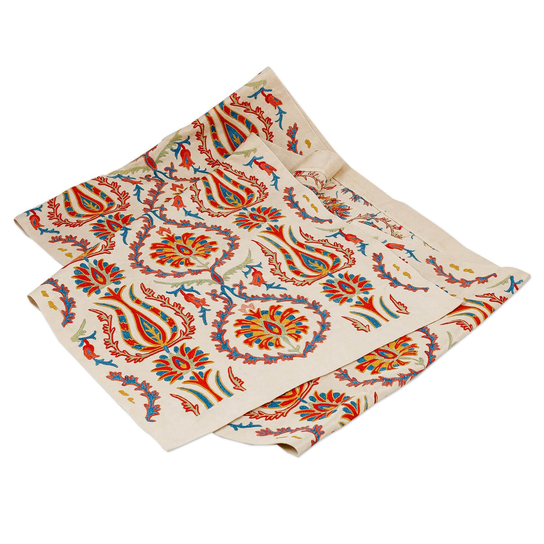 Suzani Embroidered Floral Silk and Cotton Blend Table Runner - Imperial Sensations