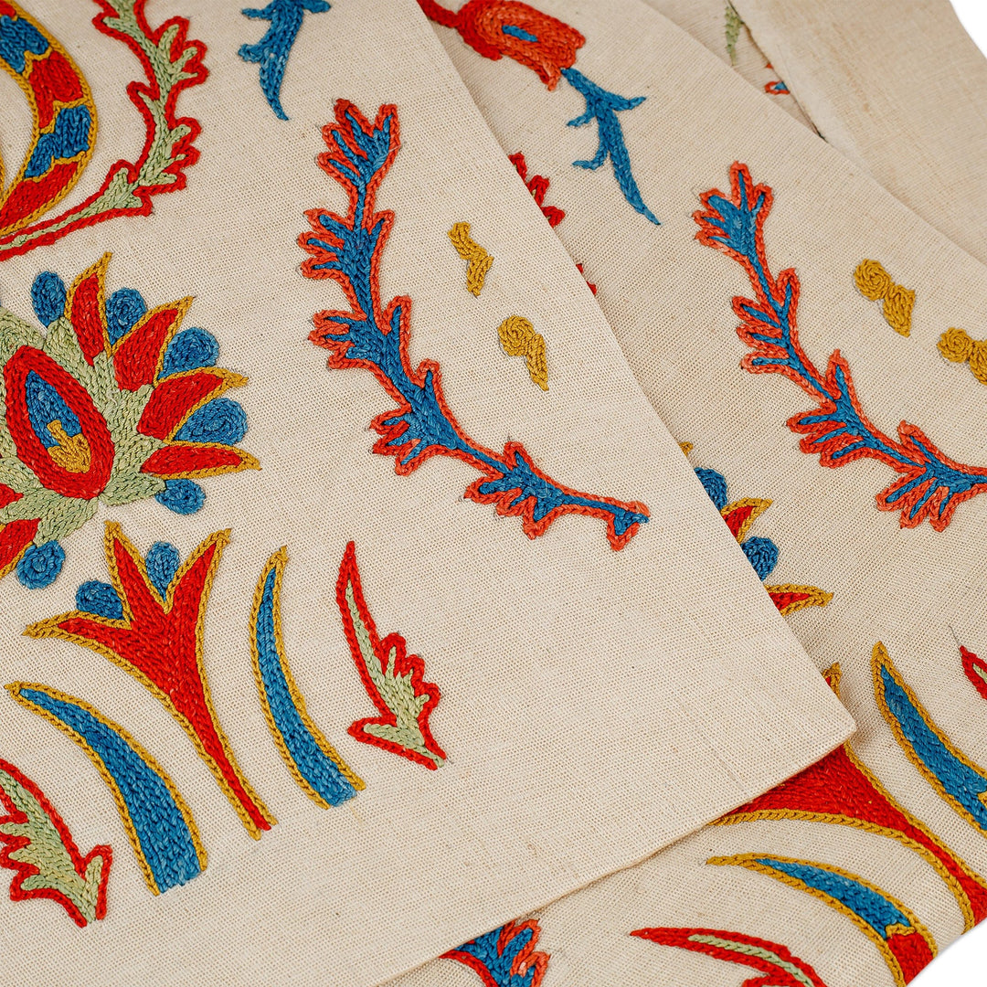 Suzani Embroidered Floral Silk and Cotton Blend Table Runner - Imperial Sensations