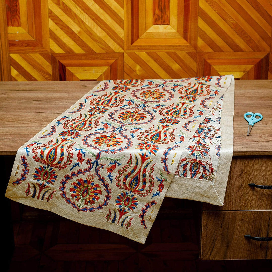 Suzani Embroidered Floral Silk and Cotton Blend Table Runner - Imperial Sensations