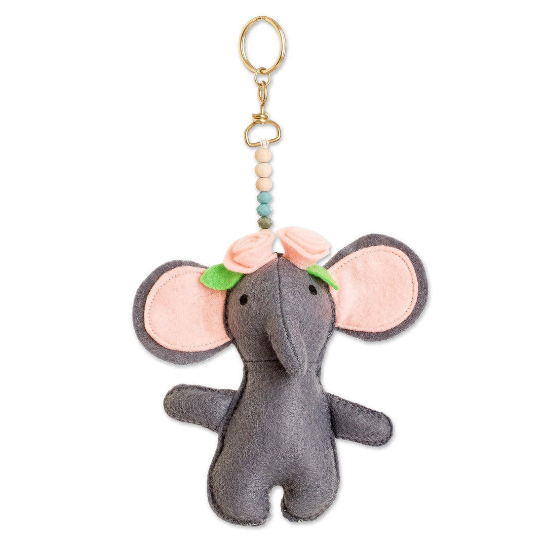 Handmade Fleece Elephant & Flowers Keychain with Brass Ring - Sweet Elephant