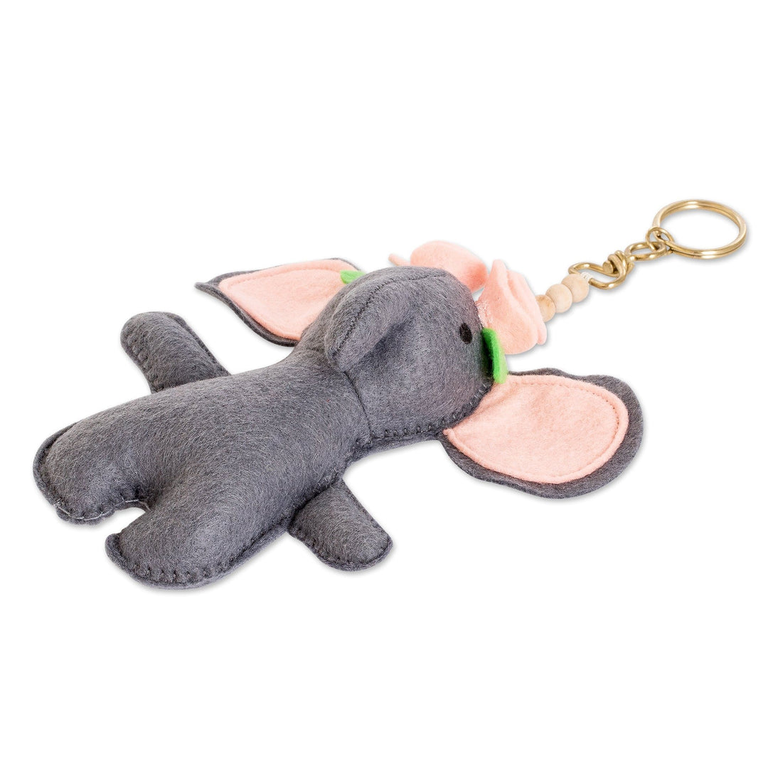 Handmade Fleece Elephant & Flowers Keychain with Brass Ring - Sweet Elephant