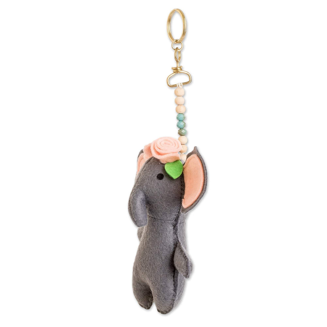 Handmade Fleece Elephant & Flowers Keychain with Brass Ring - Sweet Elephant