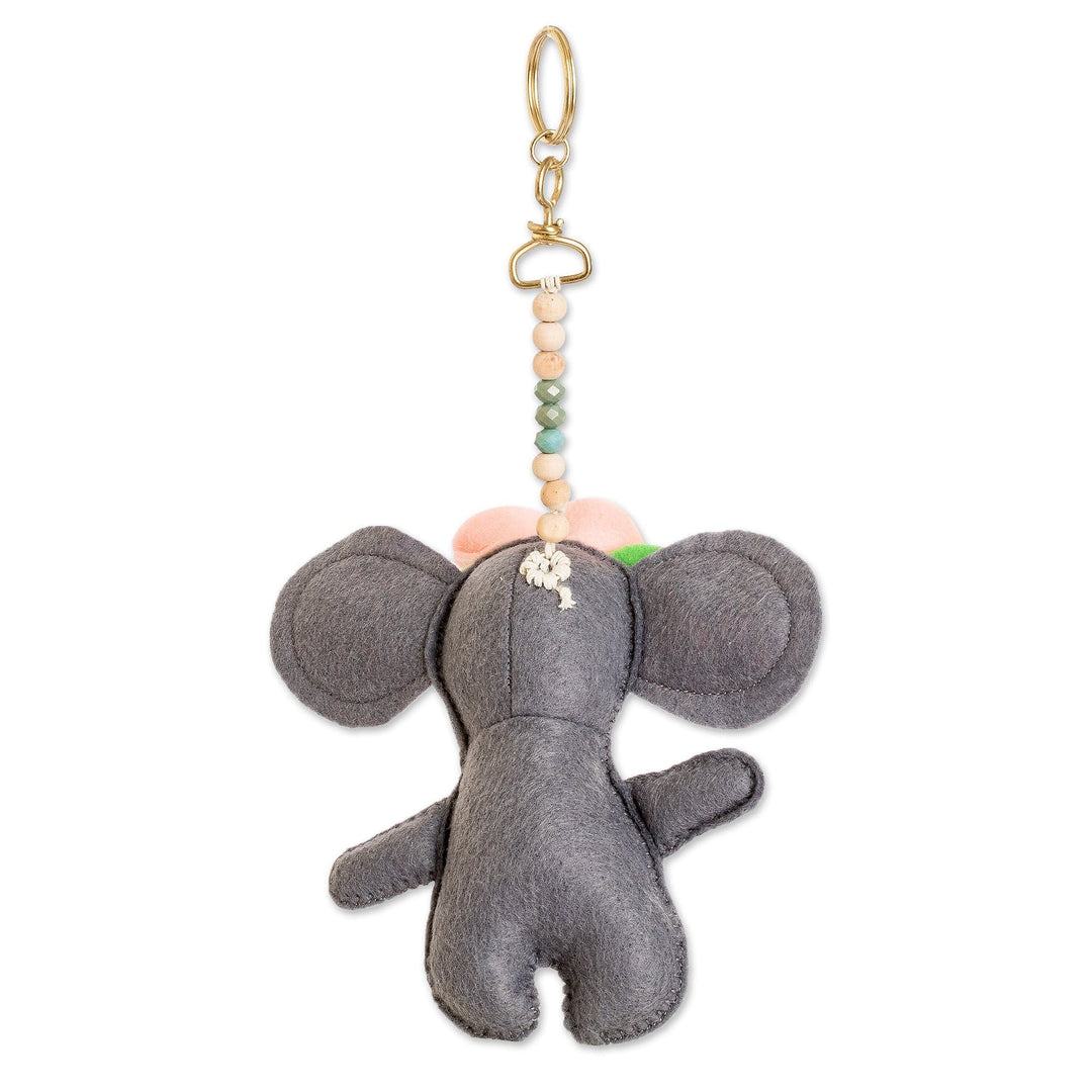 Handmade Fleece Elephant & Flowers Keychain with Brass Ring - Sweet Elephant