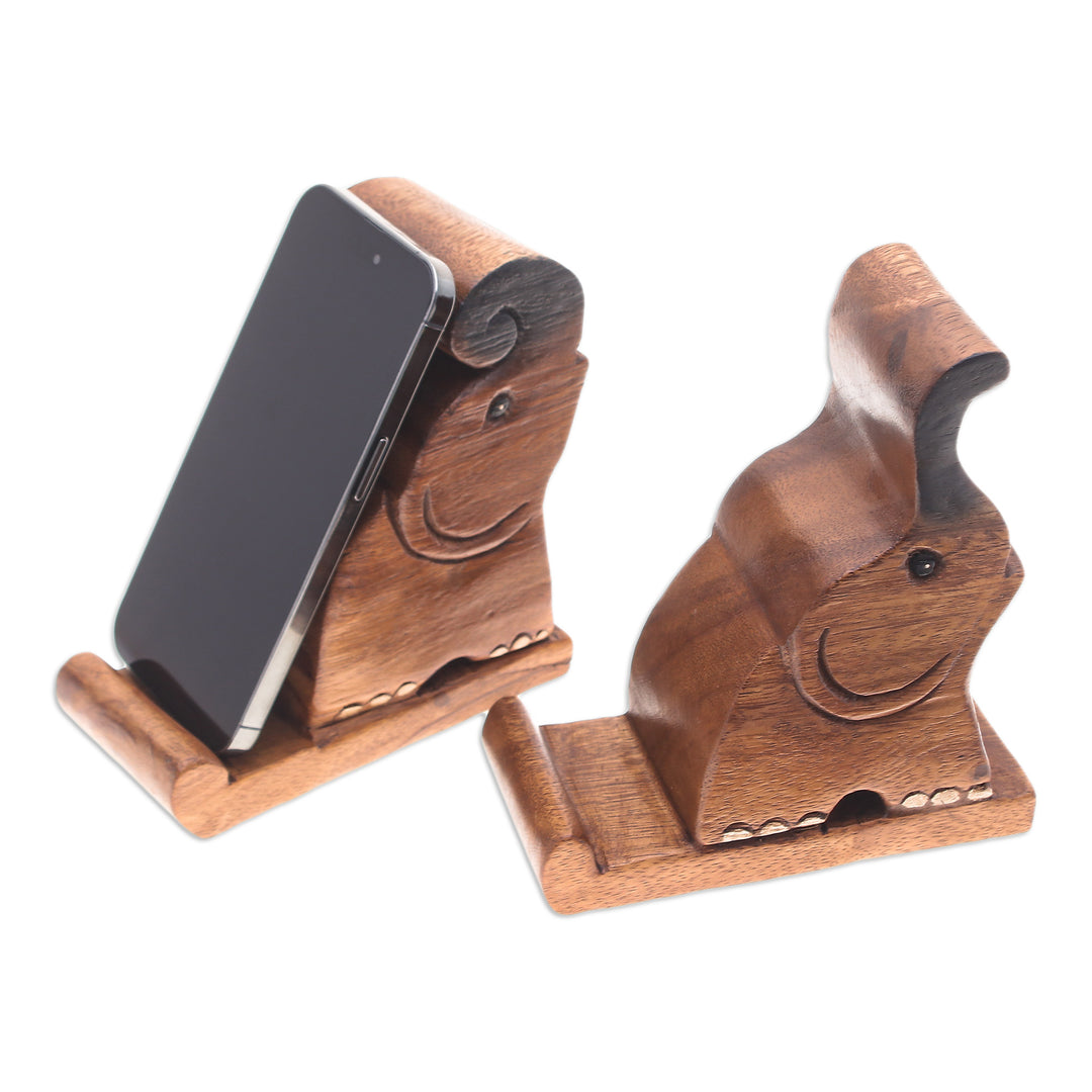 Set of Two Hand-Carved Elephant Raintree Wood Phone Holders - Giant Help