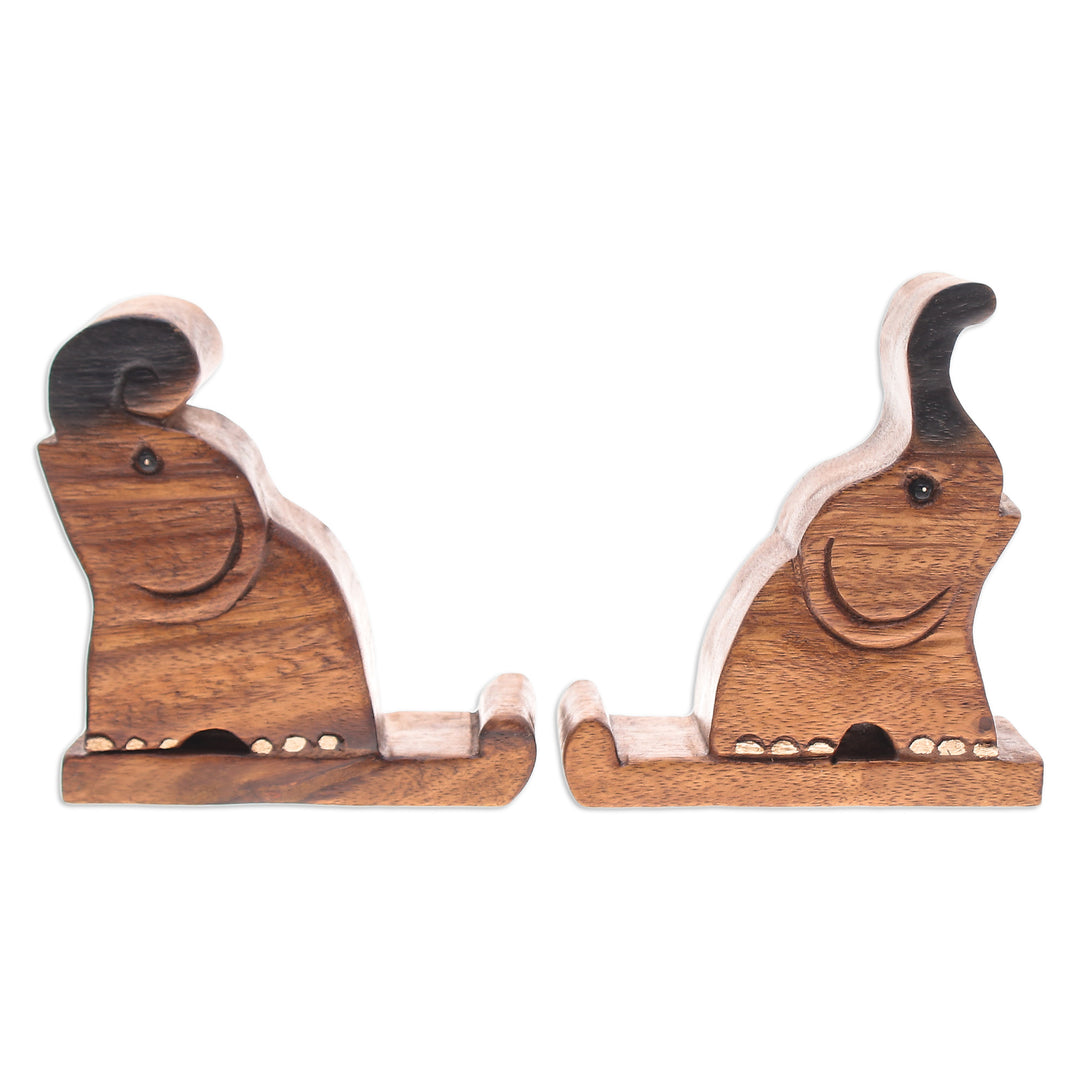 Set of Two Hand-Carved Elephant Raintree Wood Phone Holders - Giant Help
