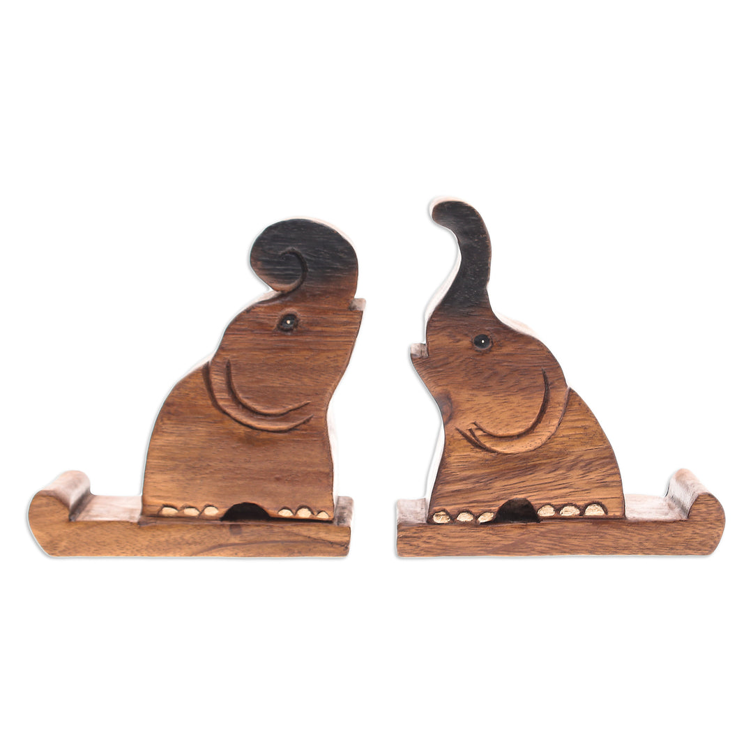 Set of Two Hand-Carved Elephant Raintree Wood Phone Holders - Giant Help