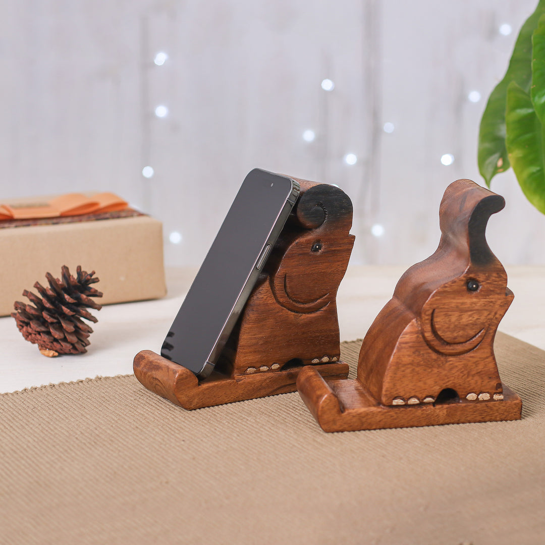 Set of Two Hand-Carved Elephant Raintree Wood Phone Holders - Giant Help