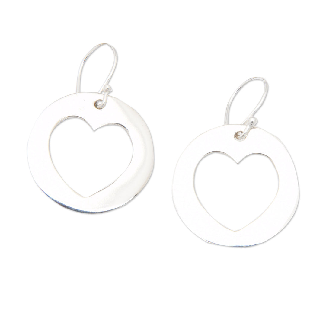 Polished Sterling Silver Heart Themed Dangle Earrings - Open Heart