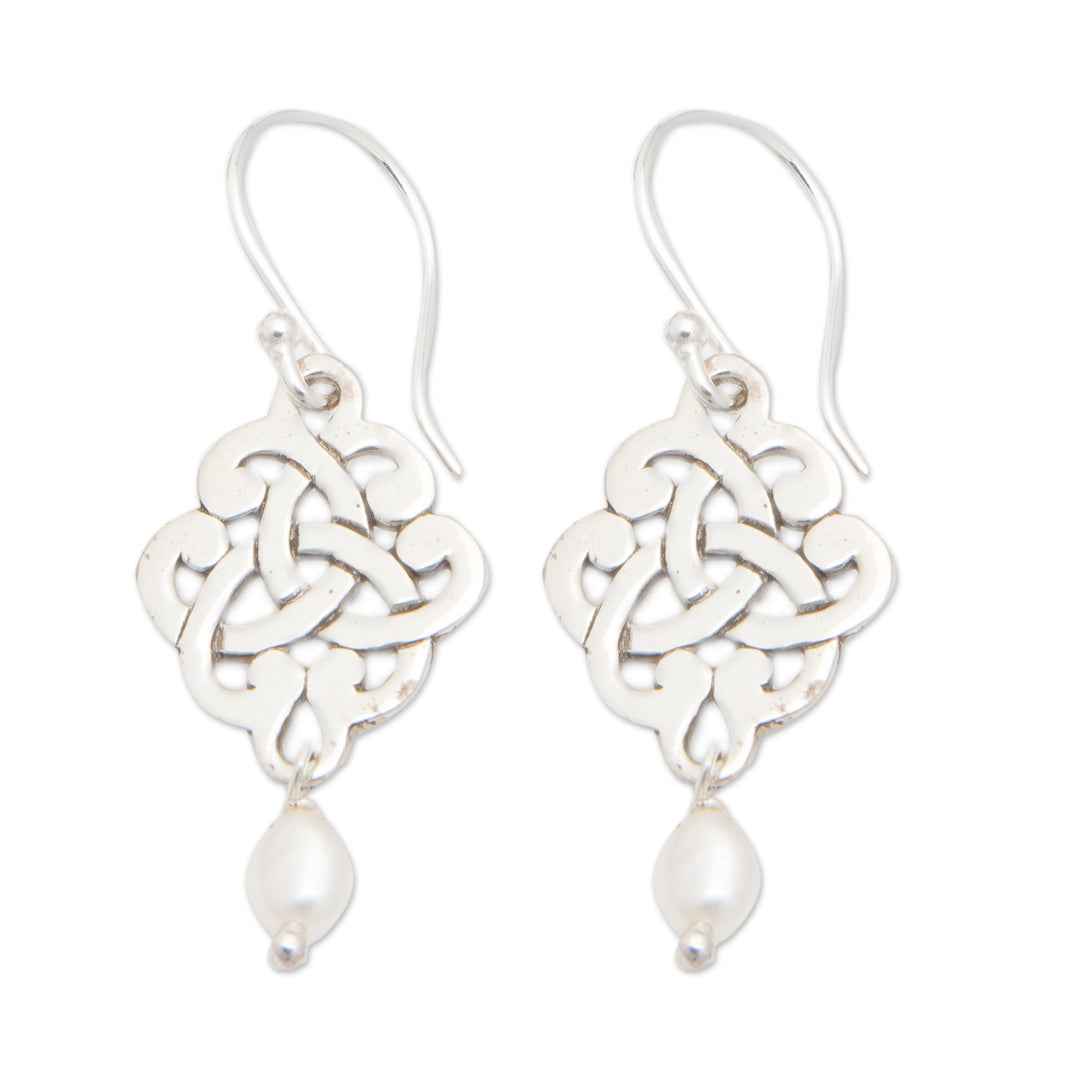 Sterling Silver Trinity Knot Dangle Earrings with Pearls - Bridal Trinity Knot