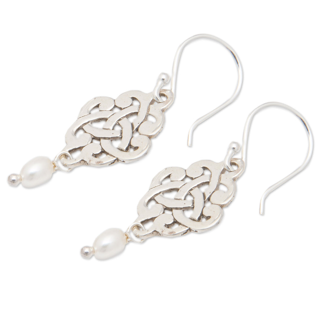 Sterling Silver Trinity Knot Dangle Earrings with Pearls - Bridal Trinity Knot
