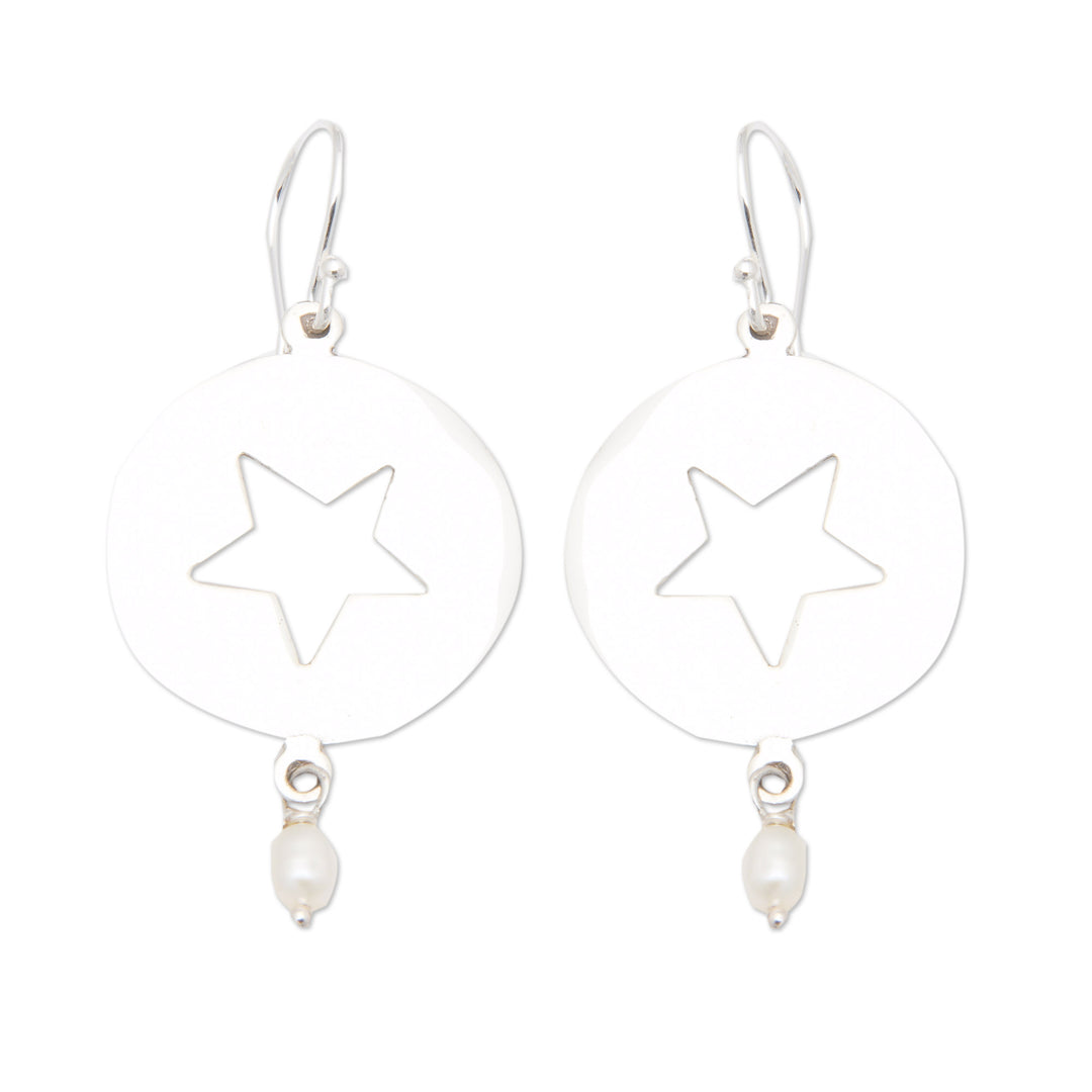 Sterling Silver Star Dangle Earrings with Grey Pearls - Heavenly Star