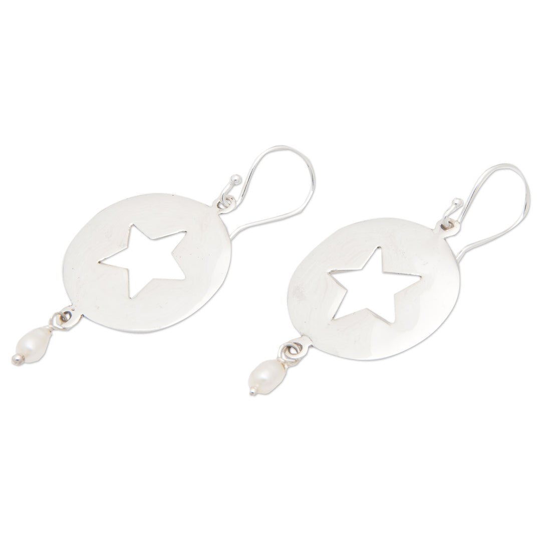 Sterling Silver Star Dangle Earrings with Grey Pearls - Heavenly Star