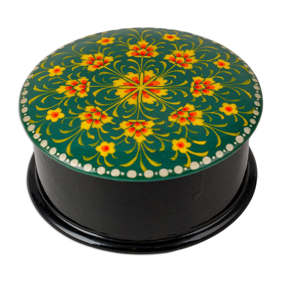 Floral Round Black and Green Papier Mache Jewelry Box - Primavera in Green