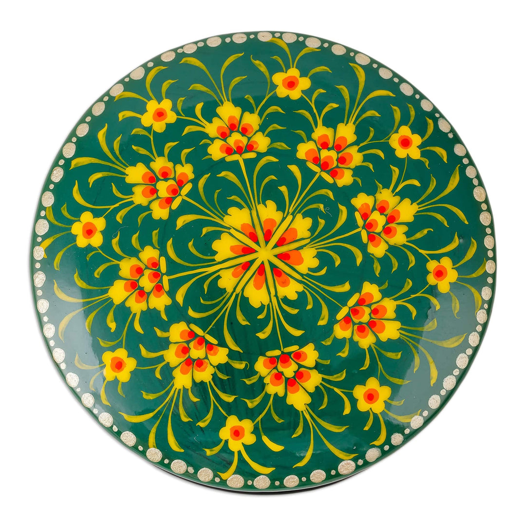 Floral Round Black and Green Papier Mache Jewelry Box - Primavera in Green