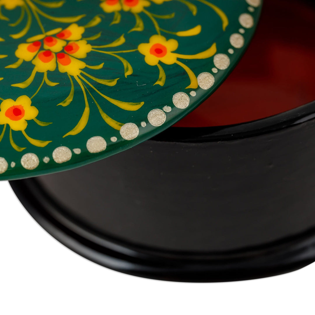 Floral Round Black and Green Papier Mache Jewelry Box - Primavera in Green