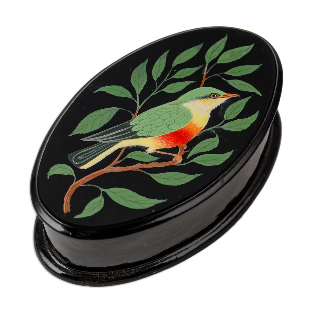 Bird-Themed Oval-Shaped Black Hand-Painted Jewelry Box - Tender Treasure
