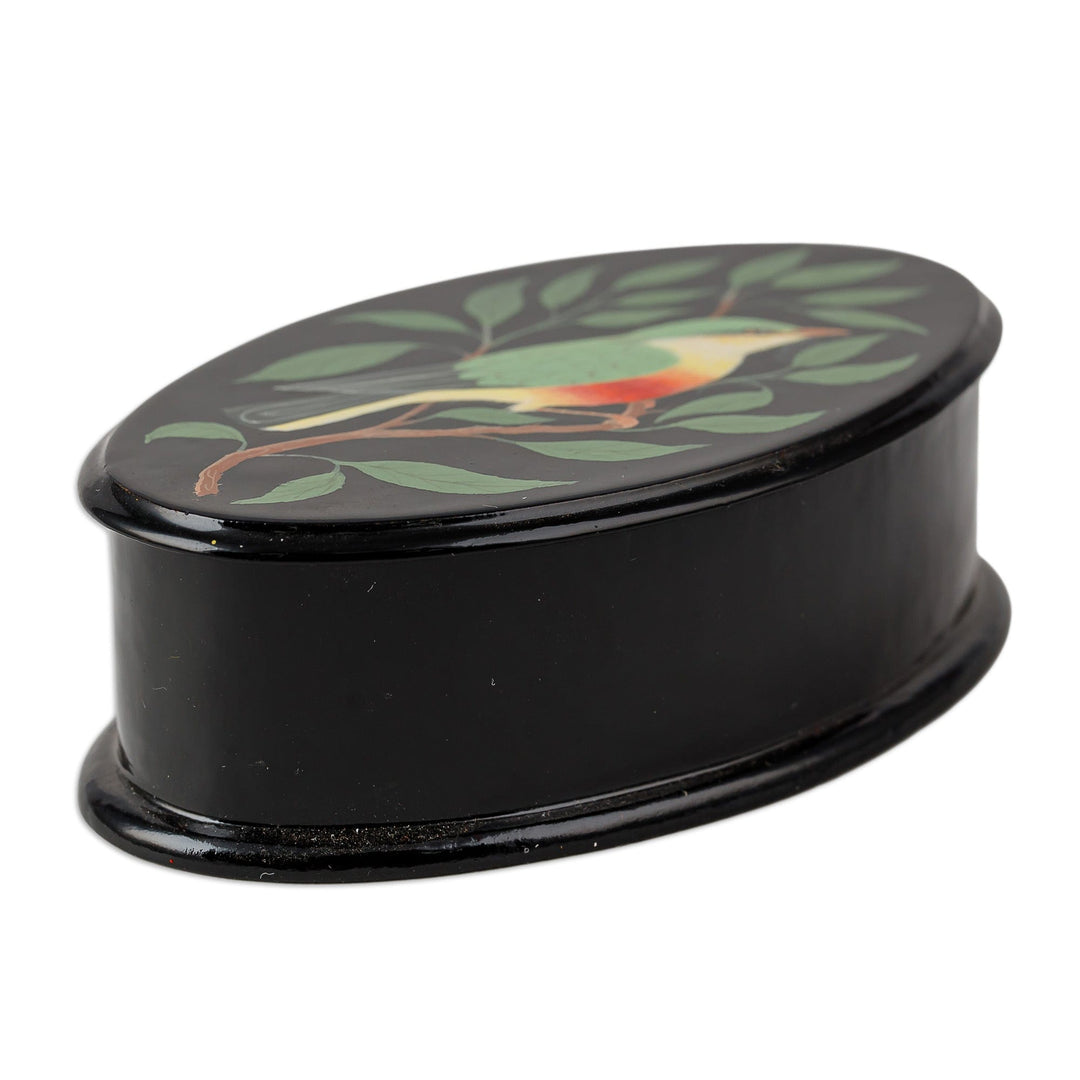 Bird-Themed Oval-Shaped Black Hand-Painted Jewelry Box - Tender Treasure