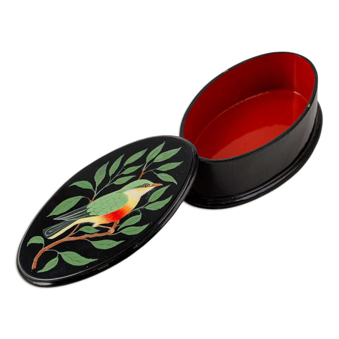 Bird-Themed Oval-Shaped Black Hand-Painted Jewelry Box - Tender Treasure