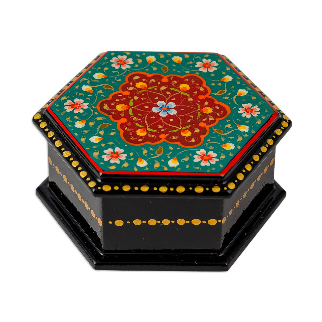 Floral Hexagon-Shaped Teal and Red Papier Mache Jewelry Box - Altar to Splendor