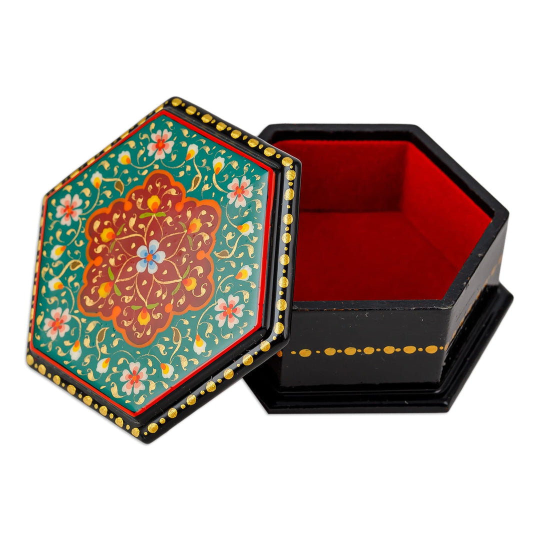 Floral Hexagon-Shaped Teal and Red Papier Mache Jewelry Box - Altar to Splendor